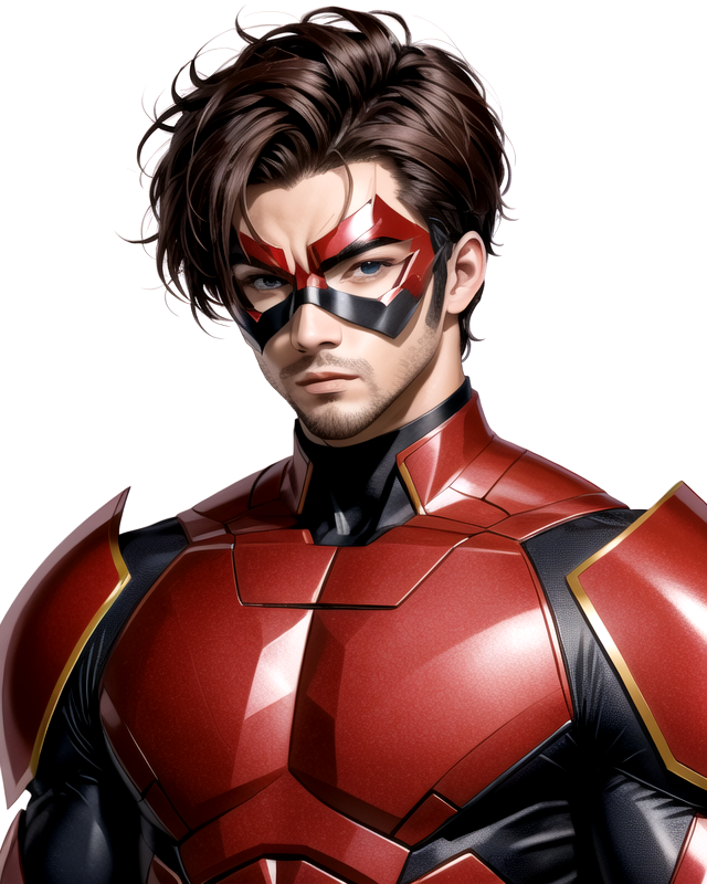 00010-1594265369-man, short brown hair, DominoMask, red and black costume, hero, brown eyes, detailed eyes, white backdrop,  _lora_SN DominoMask_.png